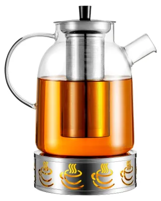 Produktbild von 1,8 Liter Teekanne aus Glas mit Edelstahl – Borosilikatglas & Stövchen – Tropffrei, Hitzebeständig, Spülmaschinenfest