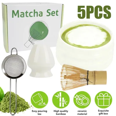 Obrázok produktu pre Sada príslušenstva pre prípravu matcha čaju - 5-dielna sada - keramika - zahŕňa: metličku na matcha, lyžičku, sitko, držiak a misku