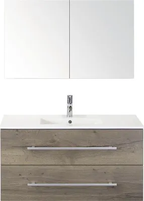 Produktbild von Sanox Badmöbel-Set Stretto BxHxT 101 x 170 x 39 cm Frontfarbe tabacco mit Waschtisch Keramik weiß, Waschtischunterschran