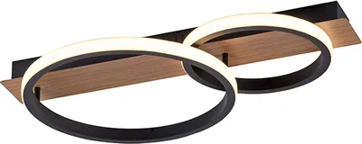 A modern LED ceiling light with two interlocking rings, one slightly overlapping the other, mounted on a rectangular base with a wood-like finish.