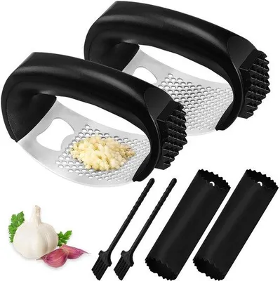 Immagine prodotto di Ibenzoa® Spremiaglio ergonomico – Set da 2 pezzi in acciaio inossidabile 304, con pelapatate in silicone e spazzola per la pulizia in nylon, impugnatura ergonomica, lavabile in lavastoviglie
