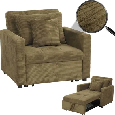 A brown corduroy sofa bed is shown in its upright position, with a close-up inset showing the fabric texture. A second, smaller image shows the sofa bed converted into a chaise lounge.