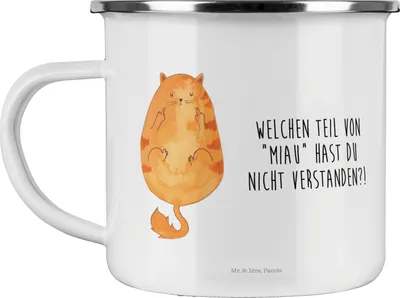 Produktbild von Mr. & Mrs. Panda Tasse Emaille Katze Mittelfinger - Weiß - Geschenk, becher, Haferl, Katzen, Pott, Cat, Cats, Kater, Teetasse, Mietze