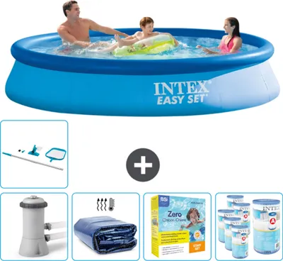 Produktbild von Intex runder aufblasbarer Easy Set-Schwimmpool – 366 x 76 cm – Blau – inklusive Pumpe Sonnensegel - Wartungspaket - Filter - Reinigungskit