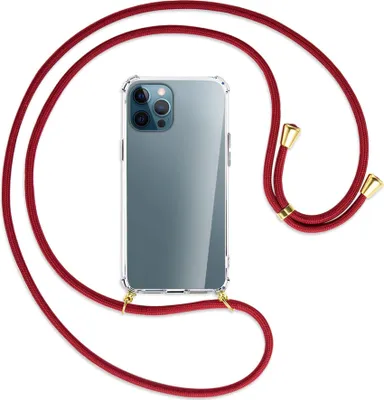 Produktbild von Handykette Backcover-Schutzhülle mit Band (Metall goldfarben) für Apple iPhone 12 Pro Max - dunkelrot