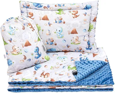 Produktbild von Decke und Kissen für Kindergartenkinder – Kindergarten-Bettwäsche-Set – Dino Land & Jeans Minky