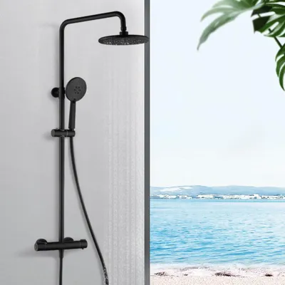 Obrázek produktu pro Sprchový systém s termostatem, dešťová sprcha, sprchová souprava, sprchová baterie, sprchová souprava, ruční sprcha, černá, hlavová sprcha, 3 druhy proudu, výškově nastavitelná