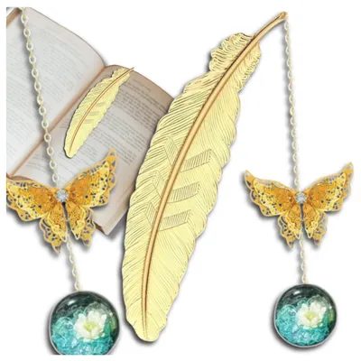 Produktbild von Metall Lesezeichen Gold Feder mit Schmetterling Anhänger