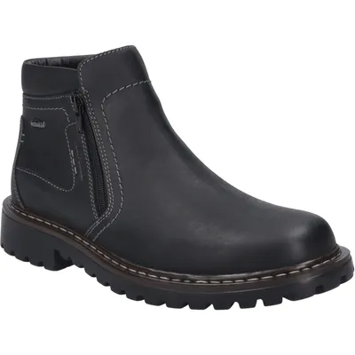 A black leather boot with a side zipper and a thick sole, shown from a side angle against a white background.