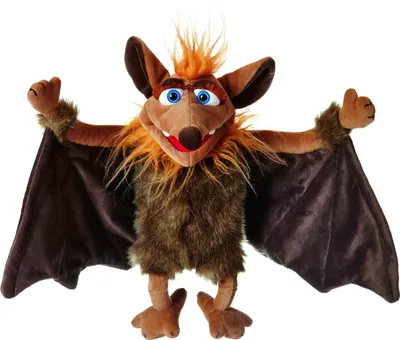A plush bat puppet with outstretched wings against a white background.