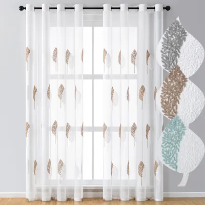 Produktbild von 2er Set Blätter Stickerei Vorhänge Durchsichtig Ösen Gardinen Für Wohnzimmer Dekoration Voile Vorhänge mit Braun und Weiß Blätter 140x145cm