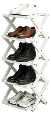 Immagine prodotto di Scaffale per scarpe bianco, 5 ripiani, pieghevole, in bambù, salvaspazio, senza montaggio