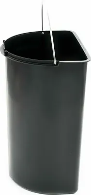 A black plastic bucket with a metal handle against a white background.
