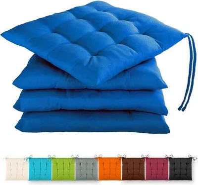 Zdjęcie produktu dla Zestaw 4 poduszek do siedzenia o wymiarach 40 x 40 x 3 cm z paskami, do użytku wewnątrz i na zewnątrz, z certyfikatem Oeko-Tex (niebieskie)