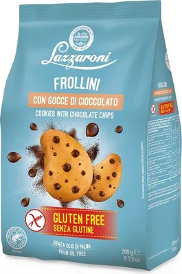 A bag of Lazzaroni Frollini cookies with chocolate chips.
