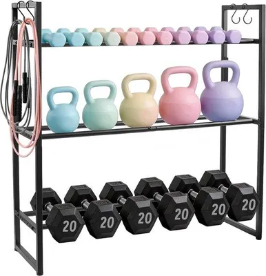 Produktbild von FastShopping - Gewichtsständer mit 3 Ebenen und 4 Seitenhaken - Einstellbarer Gewichtsständer für Hanteln, Kesselbellen und Medizinkugeln - 163 kg Träger