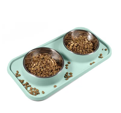 Produktbild von Katzenfutternäpfe, Katzennäpfe, rutschfest und auslaufsicher, Silikonmatten mit Ständer, herausnehmbare Edelstahl-Futter- und Wasserschalen für Katzen