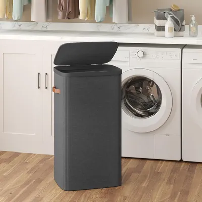 Produktbild von SONGMICS Wäschekorb, 100 L Wäschesammler, Wäschetonne, leichter Aufbau, mit Deckel und Griffen, herausnehmbarer Wäschesack, 42 x 32 x 75 cm, tintensch