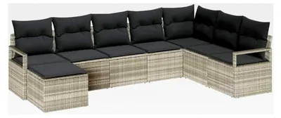 Produktbild von Sofa-Set mit Kissen 7-teilig Hellgrau Poly Rattan, Garten und Terrasse, modernes Outdoor-Sofa-Set, rechteckig, wetterfest, leichtes modulares Sitzmöbel, UV-beständig