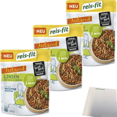 Produktbild von Reis-Fit Feelgood Linsen mit Gemüse und Reis 3er Pack (3x250g Packung) + usy Block