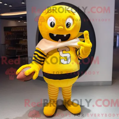 Produktbild von Maskottchen REDBROKOLY eines gelben American-Football-Helms mit Pullover und Fäustlingen