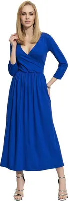 Produktbild von Damen Mittellanges Wickelkleid Raffungen V-Ausschnitt 3/4 Ärmel; Blau/S (36)