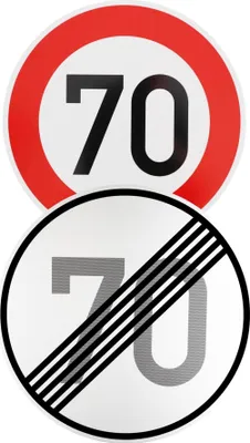 Produktbild von Original 2 x Verkehrsschild Nr. 278-70 Ende 70 km/h und Nr. 274-70 70 km/h Verkehrszeichen Schilder 600 mm nach StVO mit RAL Straßenschild Temposchild