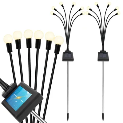 Zdjęcie produktu dla 2x lampa solarna kulki 6 LED wbijana ogrodowa ciepła biel IP65 czujnik zmierzchu 70 cm 2 szt