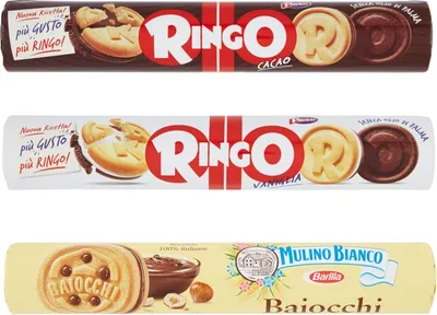 Produktbild von Testpaket Mulino Bianco Baiocchi Pavesi Ringo Cacao e Vaniglia Tubo Kekse Biscuits Cookies 3 Stücke Italienische Snacks