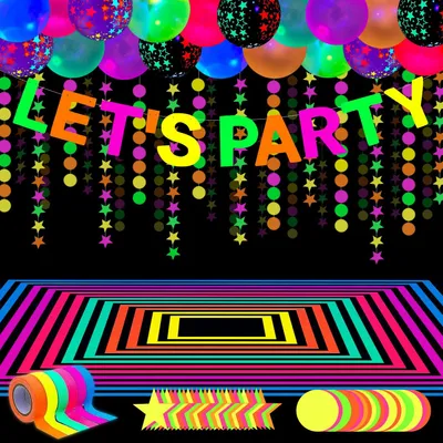 Immagine prodotto di Set da festa al neon composto da 52 articoli, con palloncini e decorazioni fluorescenti