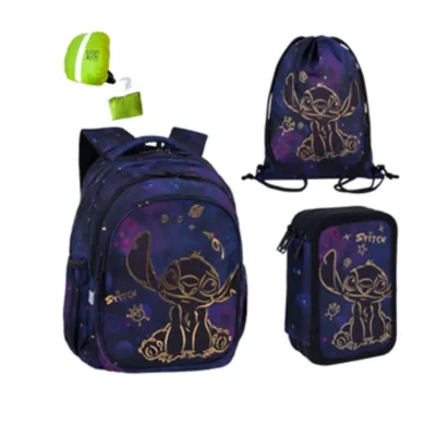Produktbild von Goldkids - Schulranzen für Jungen und Mädchen, 4er-Set - Schul-Rucksack für Kinder mit Federmäppchen - Schuhbeutel und Regenschutz - Stitch Motiv