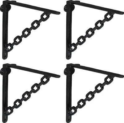 Image de Équerres d'étagère Relaxdays, lot de 4, fonte, motif chaîne, supports d'étagère, dimensions : 18,5 x 4 x 22 cm, supports d'étagère, noir