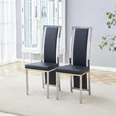 Produktbild von 2er-Set Esszimmerstühle, schwarzes Kunstleder mit Silberkante, minimalistisch, 109 cm