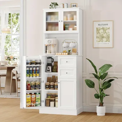 Image de Armoire de cuisine - Buffet de cuisine - Armoire de rangement - Meuble de rangement - Meuble de cuisine - Blanc - Portes en verre mat - 7 étagères réglables