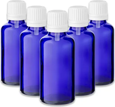 Produktbild von 5x Blaue Glasflasche 50 ml mit weißem Tropfeinsatz Tropfflasche leer