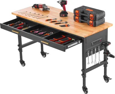 Image de SucceBuy Établi réglable 60", capacité de charge de 1500 lbs, rangement de tiroirs, prise de courant, roues, panneau enfichable, plateau en chêne robuste pour garage, atelier, bureau, maison