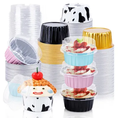 Image de Omgoods - Lot de 100 moules en aluminium pour cupcakes, avec couvercles
