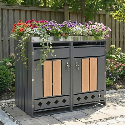 Produktbild von Mülltonnenbox 2er, trash storage compartments, Abschließbar, Zwei Türen, Pflanzfläche, Türpaneel mit vertikaler Holzmaserung, Rautenförmiger Hohlsocke