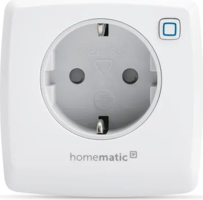 A white smart plug with a European-style socket and a blue button.