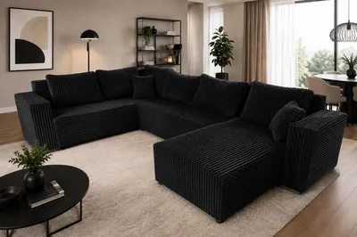 Produktbild von STYLO Couchgarnitur U Form Ecksofa in Cord Tilia breite Streifen mit Schlaffunktion Bettkasten Breite 314 cm