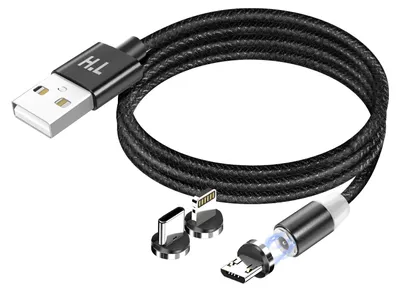 Image de Avizar, câble de recharge magnétique 3 en 1 USB-C Lightning Micro-USB 1 m, noir
