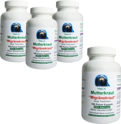 Produktbild von Mutterkraut 720 (4x180) Pulver Kapseln - Migränekraut Feverfew nach Hildegard von Bingen NATUR pur OHNE Zusatzstoffe.