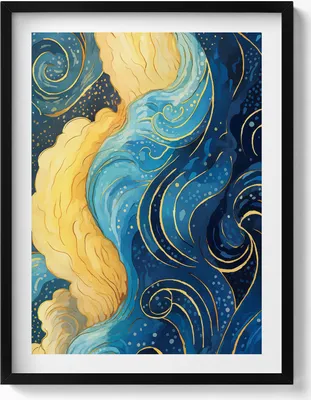 Produktbild von Wolkenabstraktion mit Gold– Wandbild mit Rahmen – Gerahmtes Bild  – Wanddekoration – 60x80 cm –  Schwarz Rahmen