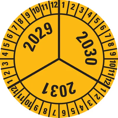 Produktbild von Dreifke® Prüfplakette 2029-2031, gelb, Dokumentenfolie, selbstklebend, Ø 40mm...