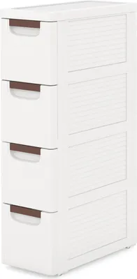 A white narrow cabinet with four drawers and brown handles, shown against a white background.