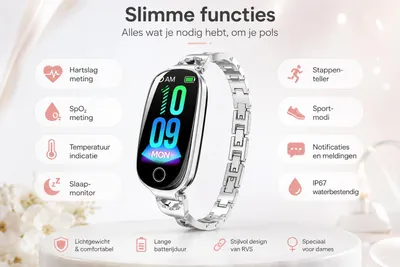 Productafbeelding van DrPhone EleganceX - Dames Smartwatch met RVS Band - Hartslag, SpO2, Temperatuur,