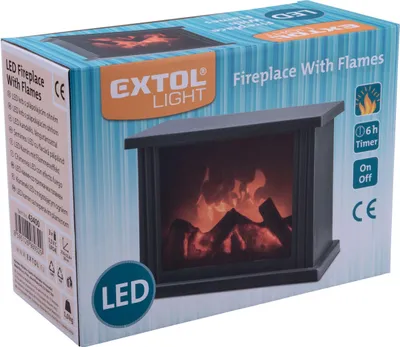 The image shows the retail packaging of an LED fireplace with flames.