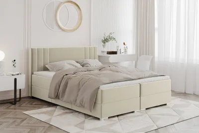 Produktbild von MEBLINI Boxspringbett mit Bettkasten - Gepolstert Doppelbett mit Matratze und Topper - Polsterbett mit Stauraum - Bett mit Kopfteil - Stauraumbett - ALBA - 160x200 - H3B/Beige Samt