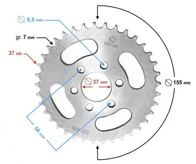 Produktbild von Hinteres Kettenrad für ATV 125-9 125-X, 37 Zähne, Kettentyp 428, 155 mm Durchmesser