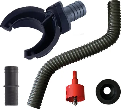 A collection of plumbing and water collection components arranged on a white background.
